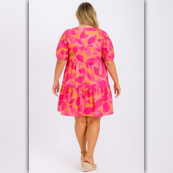 A474 • Pink Orange Abstract Puff Sleeve Dress - Picture 2 of 4